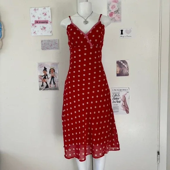 Vera Moda 90s Red Polka Dot Lace Trim Midi Slip Dress Small - Picture 7 of 7